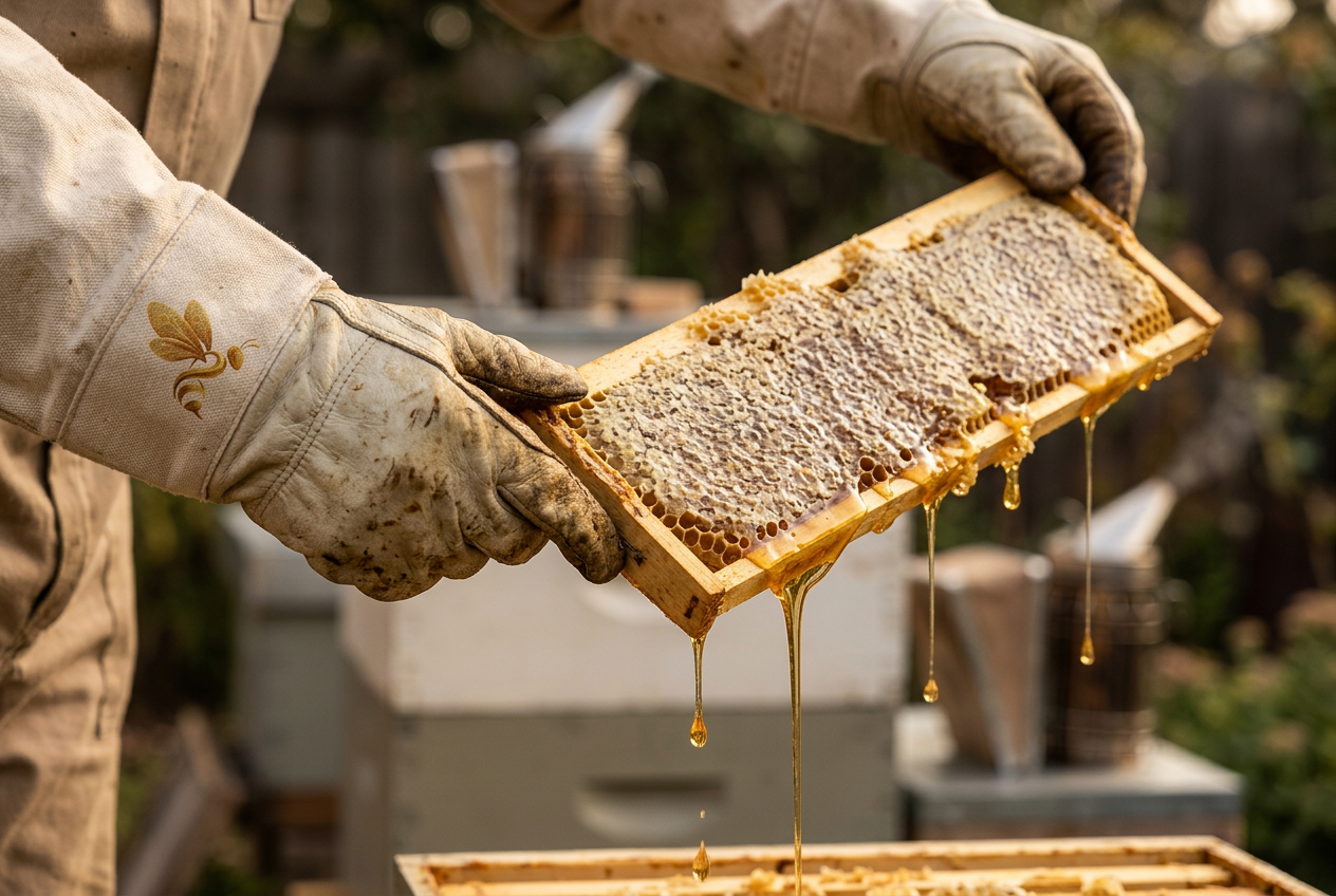 Beekeeper's gloved hands lifting a honey-laden frame dripping with raw honey